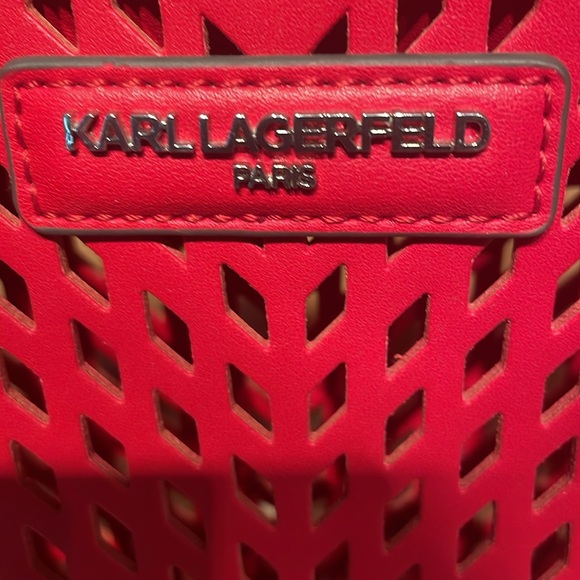 Karl Lagerfeld NWOT 2 Piece Red Leather Laser Cut Bag & Pouch Satchel/Crossbody - Picture 5 of 13